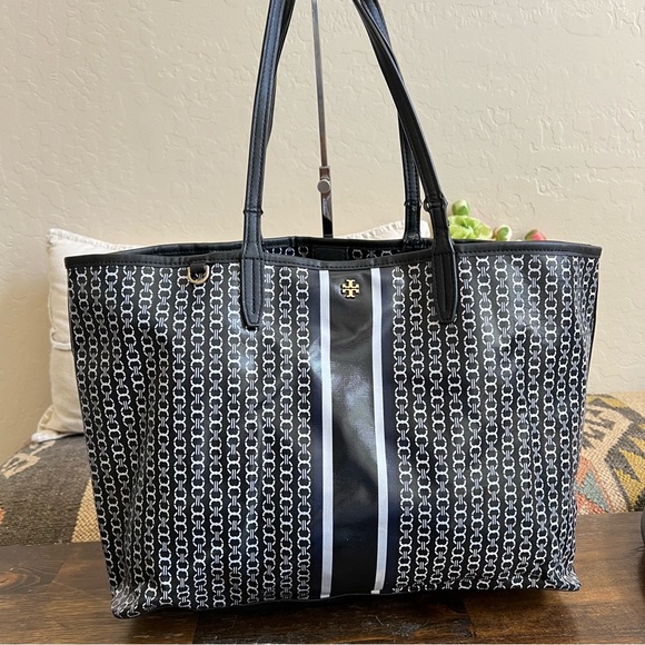 Tory Burch Gemini Link Coated Canvas Large Tote Black/Navy/White - Picture 1 of 16